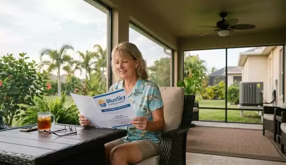 create an image showing a Florida home owner reading their HVAC Warranty from BlueSky Cooling Comfort
